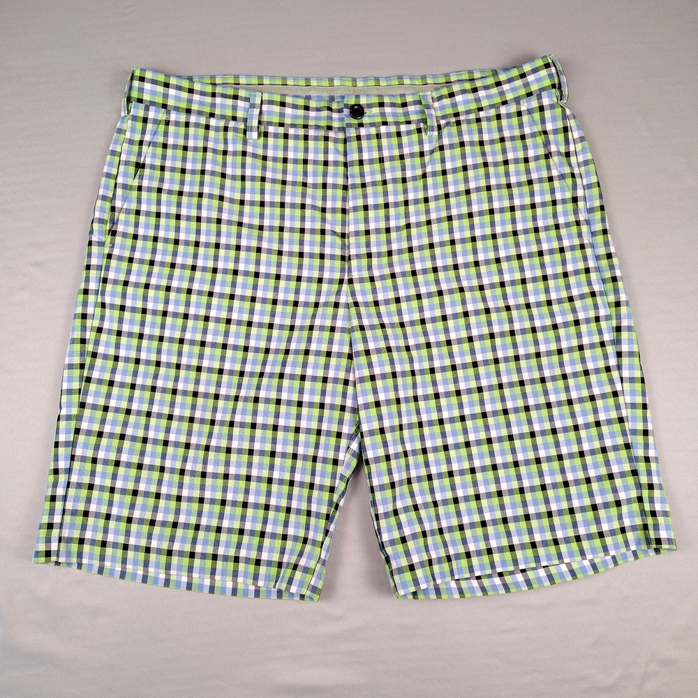IZOD Golf Shorts Men 38 Green Blue Plaid Polyester Chino Flat Front Preppy